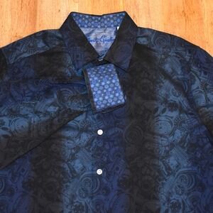 Robert Graham Button Down Men's Large Automotive Gear Print Shirt Blue Black